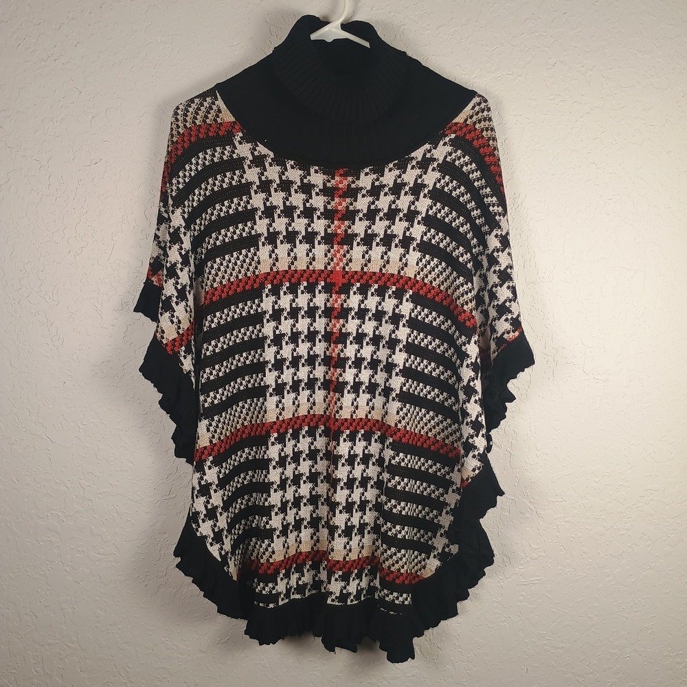 Joseph A. Poncho Houndstooth Turtleneck‎ Plaid Sweater Large Women's